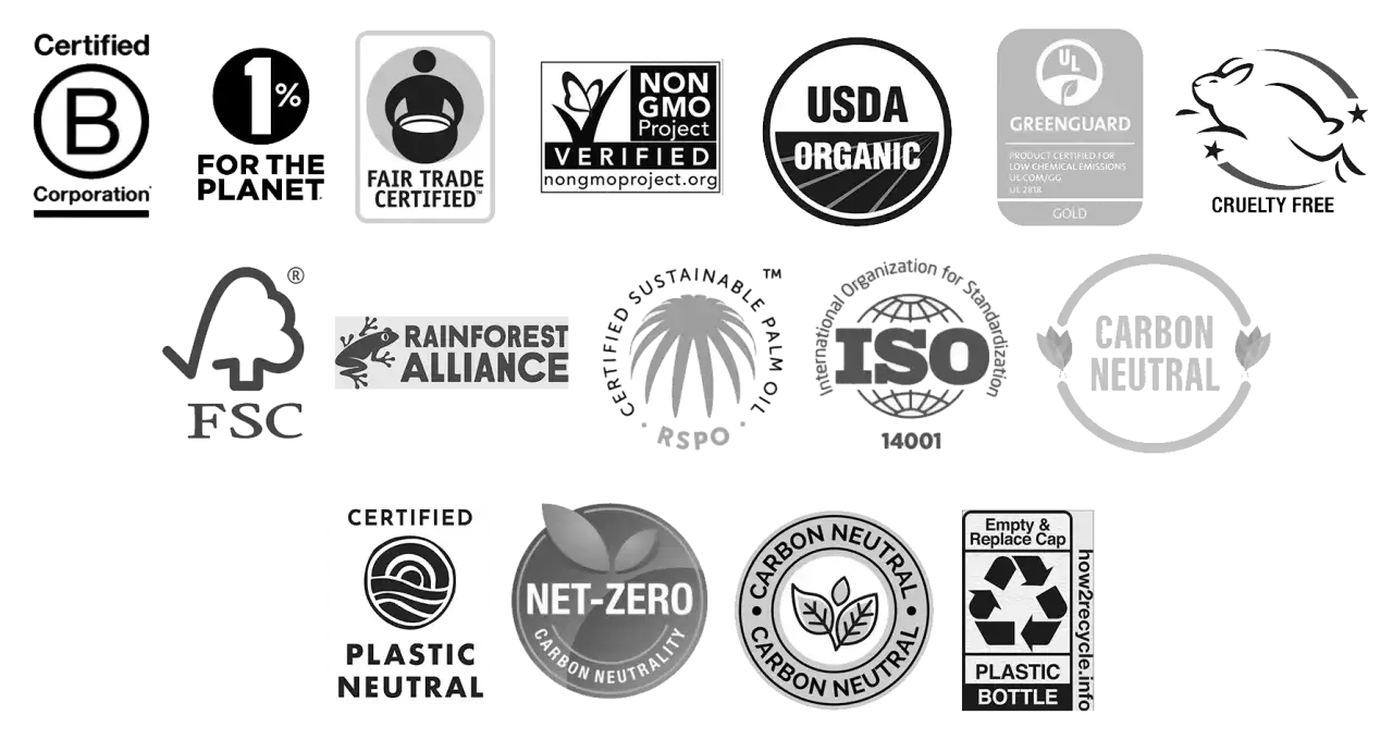 Zbiór certyfikatów potwierdzających stosowanie materiałów ekologicznych: B Corp, 1% for the Planet, Fair Trade, Non-GMO, USDA Organic, FSC, Rainforest Alliance, Cruelty Free, Greenguard, RSPO, ISO 14001, Carbon Neutral, Net-Zero, Plastic Neutral.