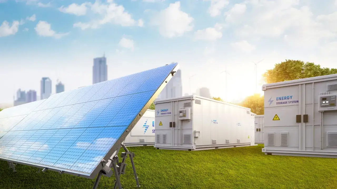 Panele słoneczne i kontenery magazynujące energię elektryczną w domu, na tle miasta i wiatrak&oacute;w.