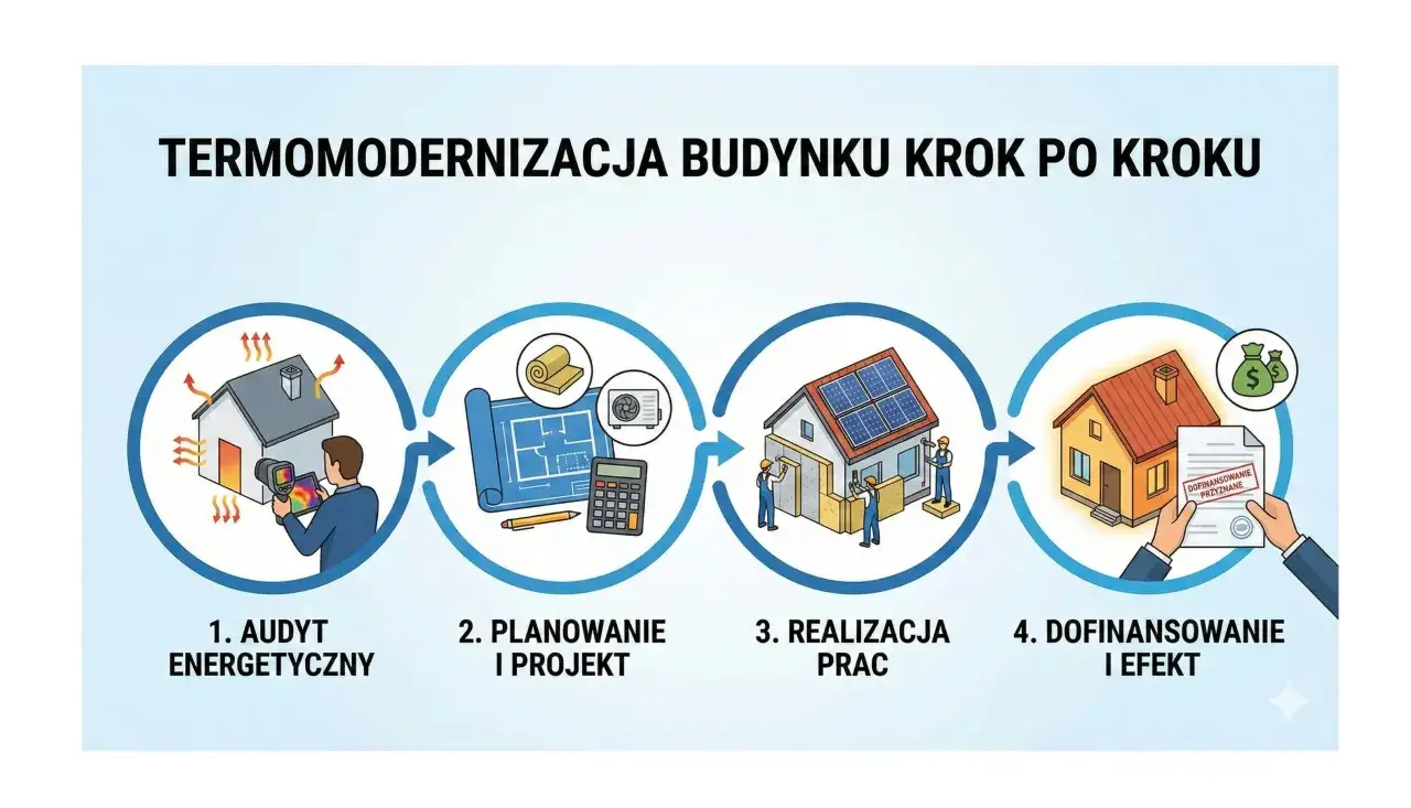 Proces termomodernizacji budynku krok po kroku: audyt, planowanie, realizacja prac i dofinansowanie.