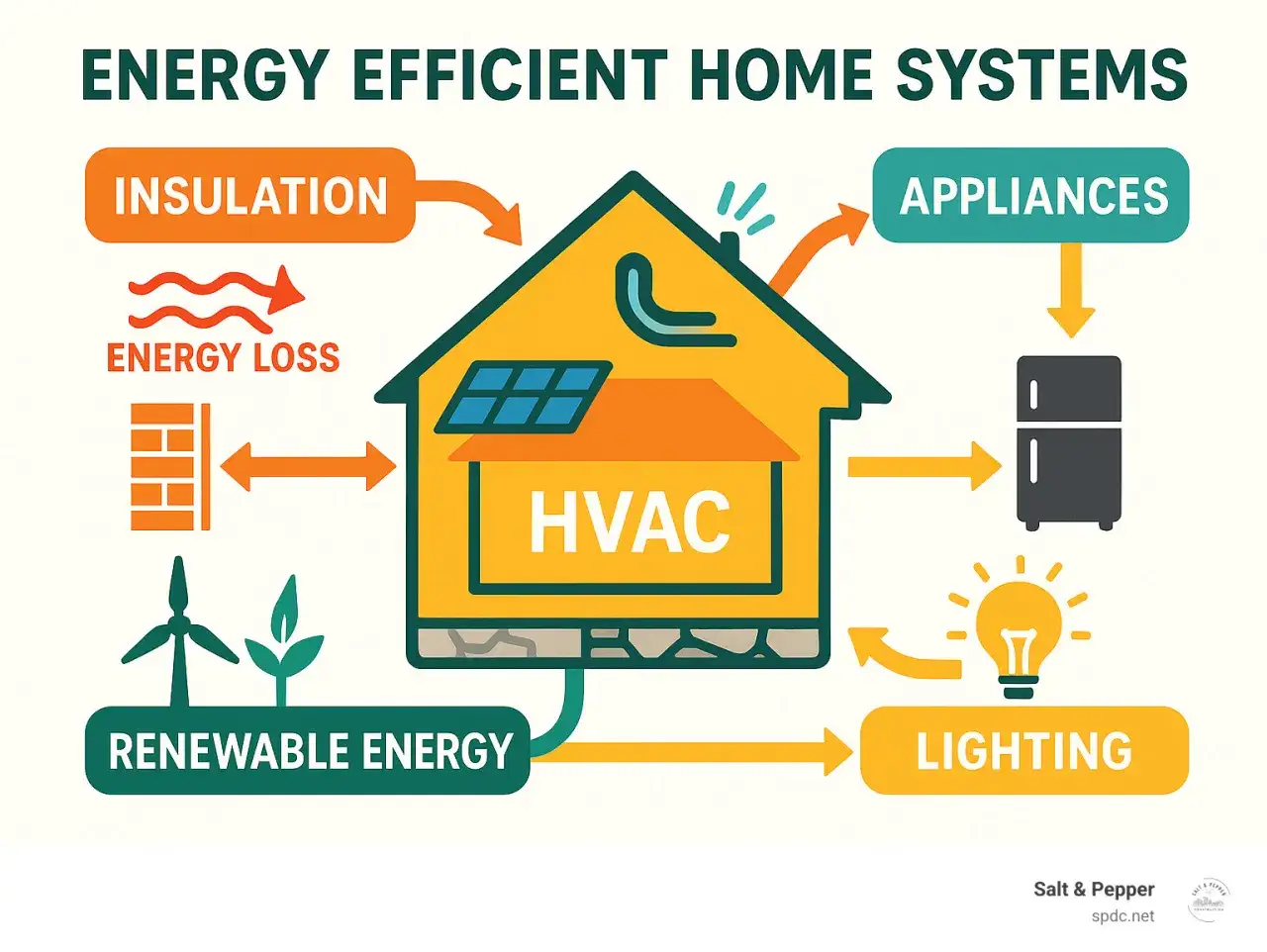 Ilustracja schematyczna domu z elementami efektywności energetycznej: izolacja, HVAC, urządzenia, oświetlenie, energia odnawialna.