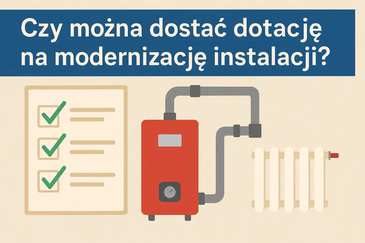 Lista kontrolna z zaznaczonymi zadaniami i schemat instalacji grzewczej z kotłem i grzejnikiem. Czy można dostać dofinansowanie do wymiany grzejników?