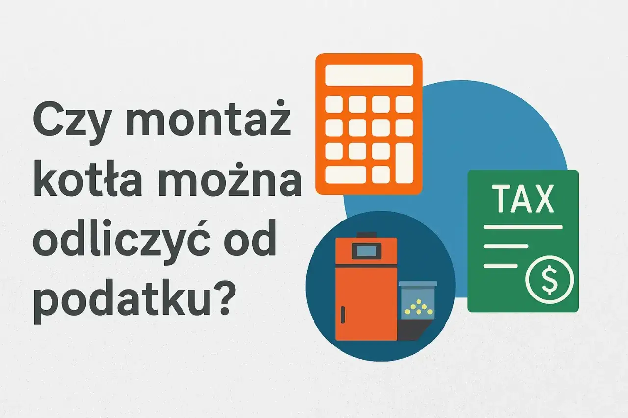 Czy piec na pellet można odliczyć od podatku? Grafika przedstawia kocioł, kalkulator i dokument TAX, sugerując ulgę podatkową.