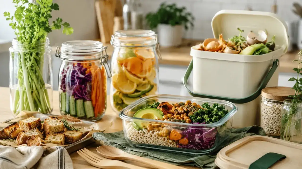 Świadome wybory żywieniowe, zero waste. Słoiki z warzywami, kompostownik i zdrowy posiłek to przeciwieństwo konsumpcjonizmu.