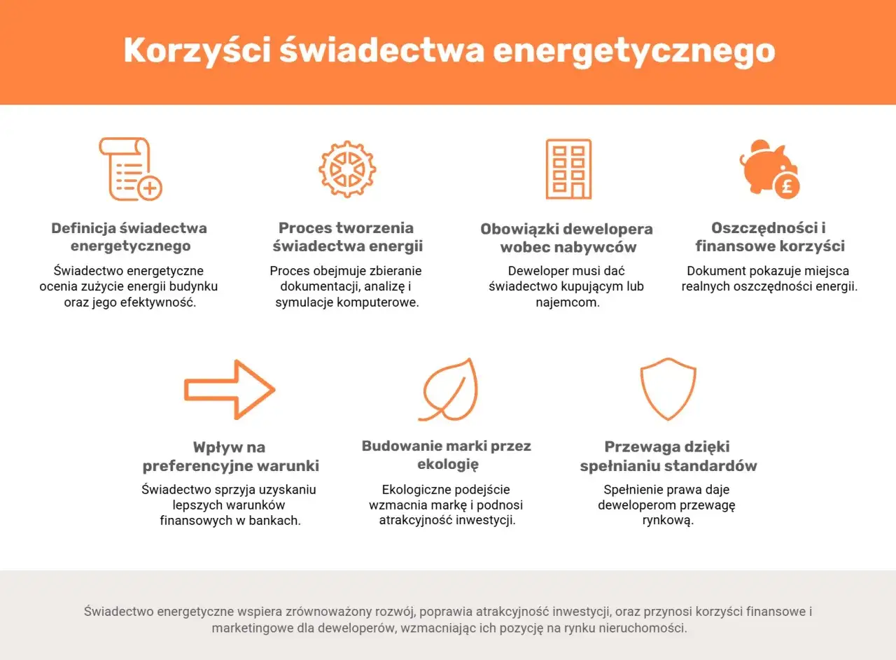 Grafika przedstawia korzyści świadectwa energetycznego: definicję, proces tworzenia, obowiązki dewelopera, oszczędności, wpływ na warunki finansowe, budowanie marki i przewagę rynkową.