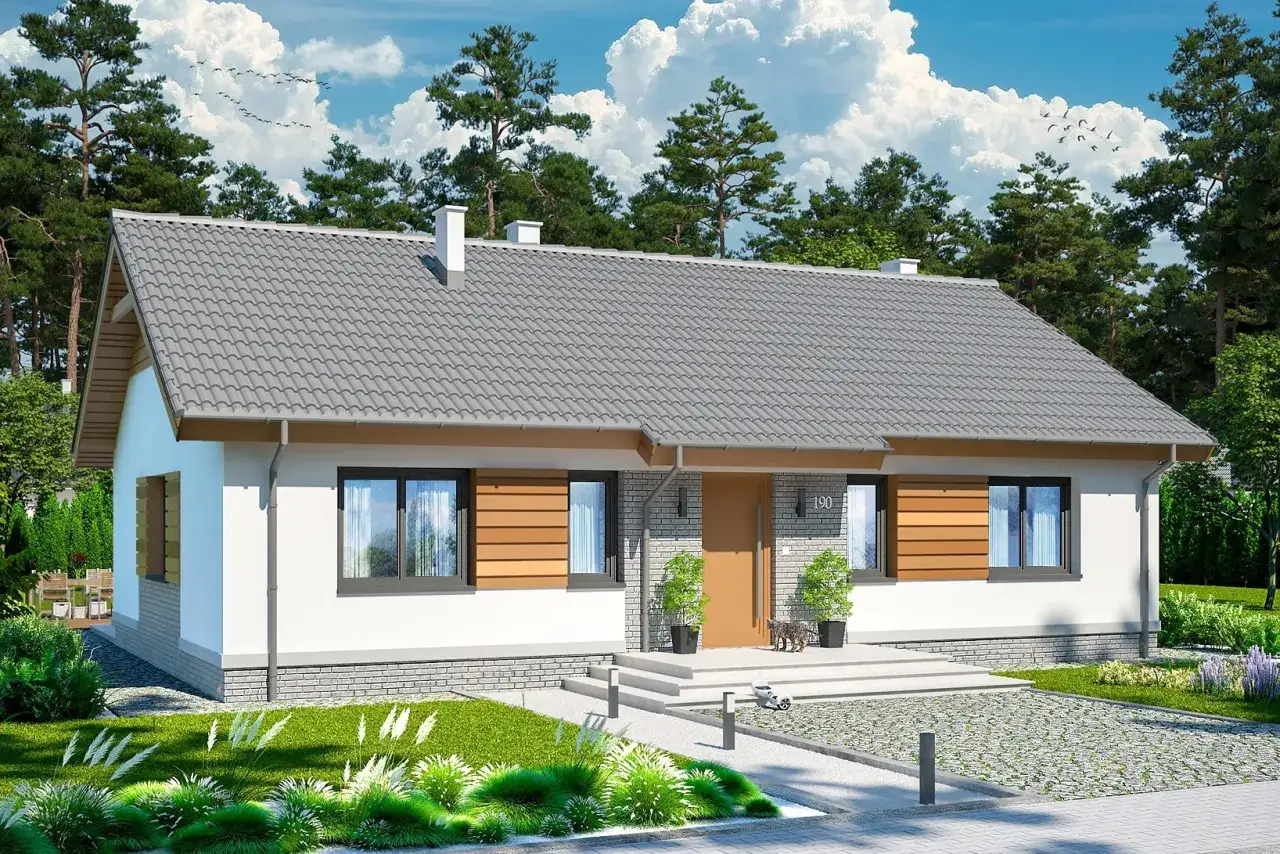 Nowoczesny dom z szarym dachem i drewnianymi elementami fasady. Ta udana modernizacja domu zachwyca estetyką i funkcjonalnością.