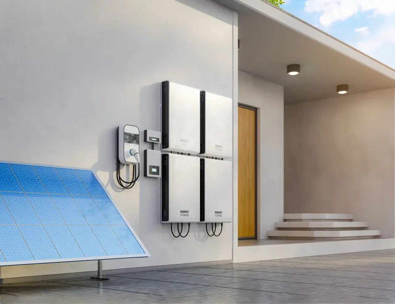 Nowoczesny dom z panelem słonecznym i domowym magazynem energii.