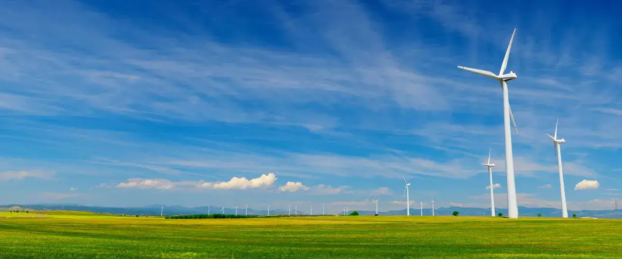 Wiatraki na zielonym polu pod błękitnym niebem. To obraz pokazujący zalety elektrowni wiatrowej: czystą energię dla przyszłości.