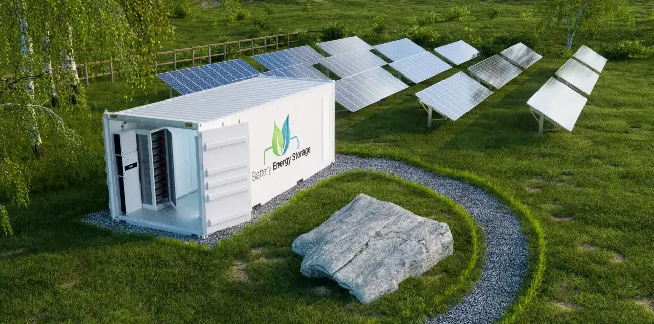 Kontener z systemem magazynowania energii elektrycznej w domu, otoczony panelami słonecznymi na zielonej łące.